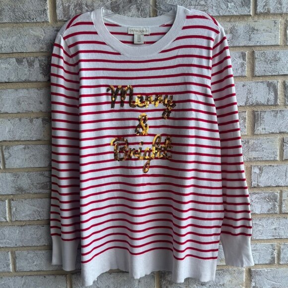 Cynthia Rowley Long Sleeve Striped "Merry & Bright" Sequined Sweater Size 1X - Picture 1 of 8
